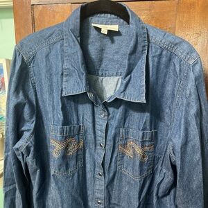 DG2 Diane Gilman Blue Chambray Snap Front Shirt Rhinestones Size X Large